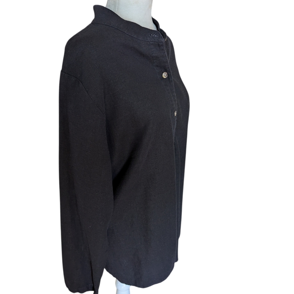 Black Linen Tunic Button Front Coldwater Creek Minimalist Quiet Luxury Chic Sz L - Picture 2 of 7
